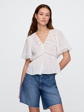 Gap White Cotton Eyelet V-Neck Peplum Blouse